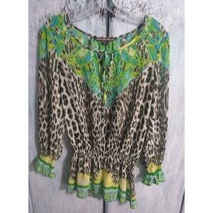 Mushka Sienna Rose Animal Print Floral Ruched Top Small Boho Peasant Cottagecore